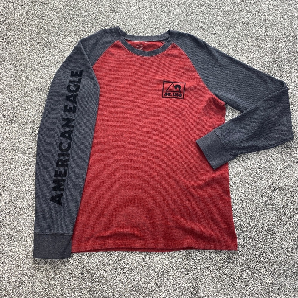 American Eagle Sweater Mens XL‎ Red Pullover Crewneck Waffle Knit Thermal Shirt